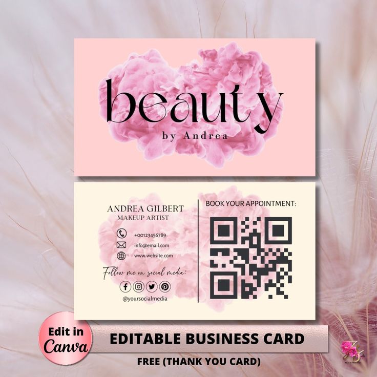 a business card with the word beauty on it and a pink flower in the background