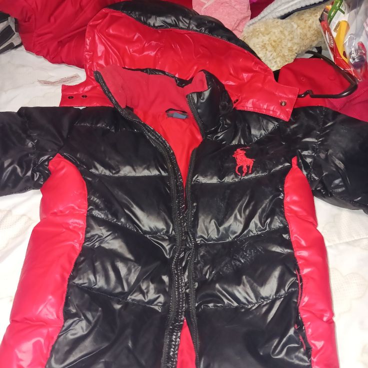 Red And Black Ralph Lauren Puffer Coat Gently Worn Almost Brand New Still Very Comfy Ralph Lauren Winter Streetwear Outerwear, Ralph Lauren Winter Outerwear For Streetwear, Red Long Sleeve Puffer Jacket With Padded Collar, Ralph Lauren Black Winter Outerwear, Black Ralph Lauren Winter Outerwear, Ralph Lauren Black Outerwear For Winter, Ralph Lauren Puffer, Puffer Coat, Kids Jacket