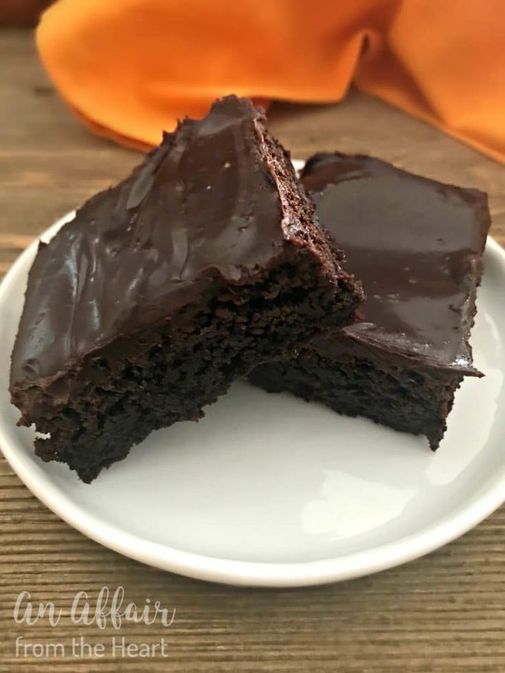 two pieces of chocolate cake on a white plate