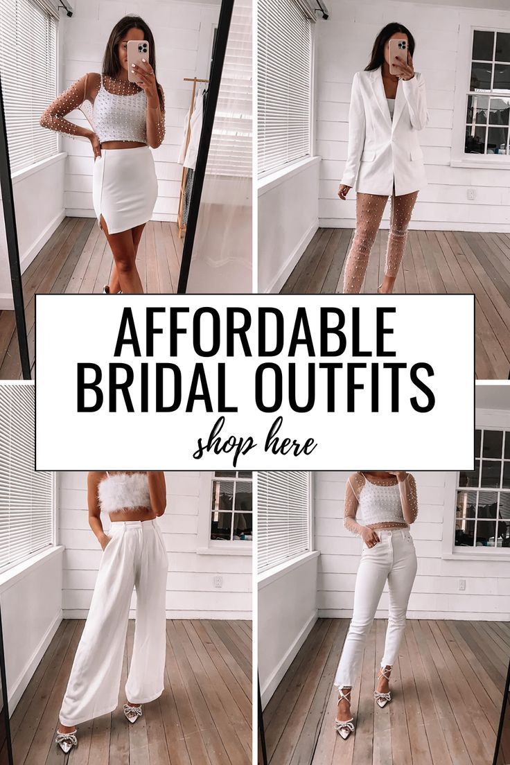 four photos of a woman in white clothing with the text,'affordable bridal outfits shop here '