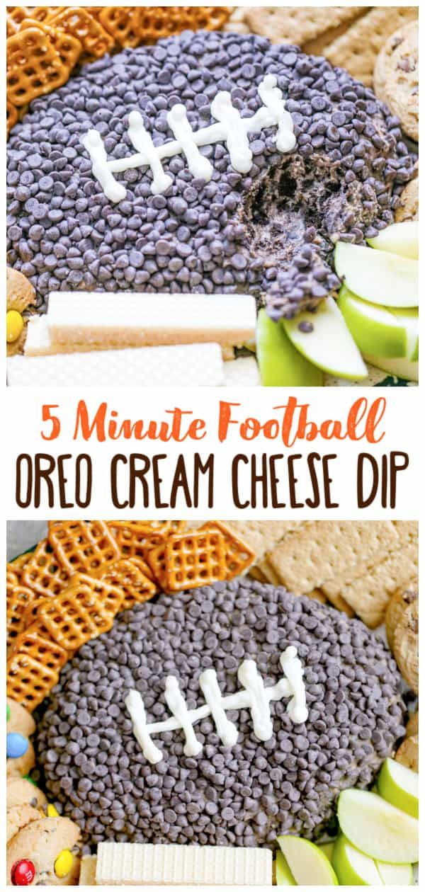 a football oreo cream cheese dip on top of crackers