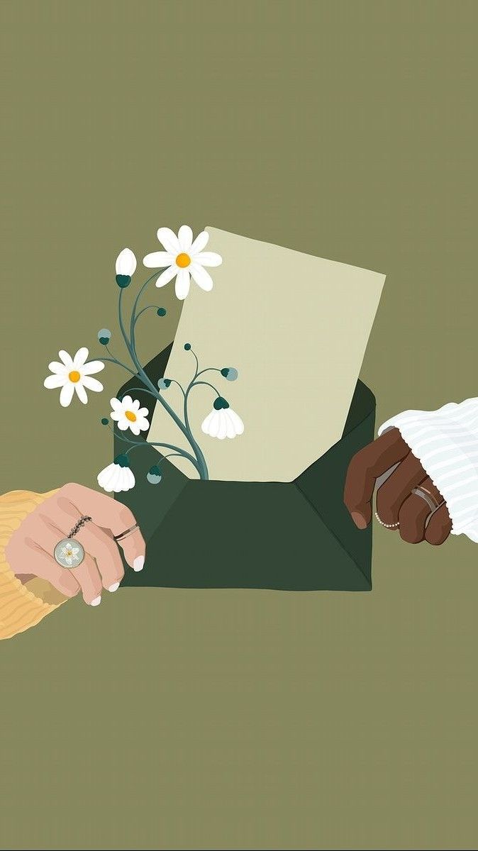 two people holding hands over an envelope with daisies on the inside and in between them