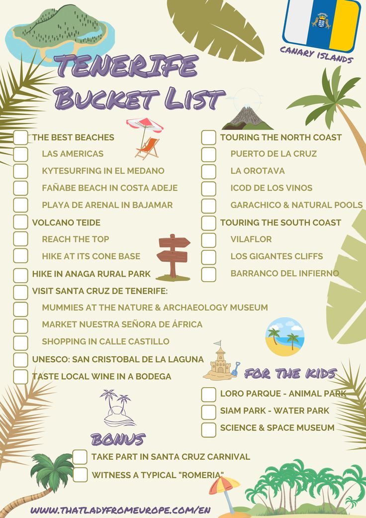 the tenerife bucket list is shown with palm trees and other things to do