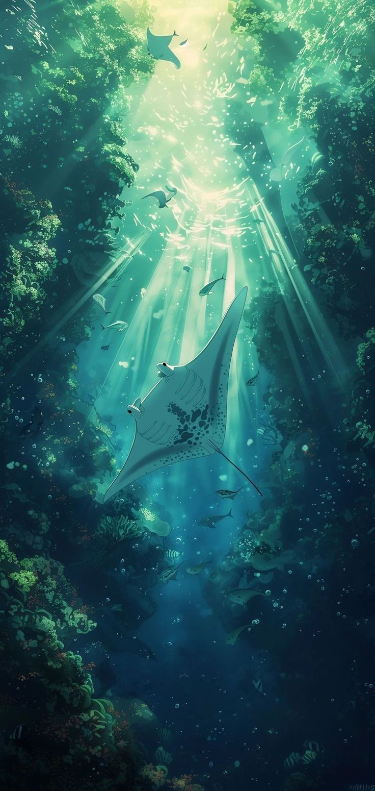 an underwater scene with a manta ray swimming through the water and sun beams shining down on it