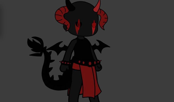 a drawing of a demon with horns on it's head and tail, standing in front of a dark background