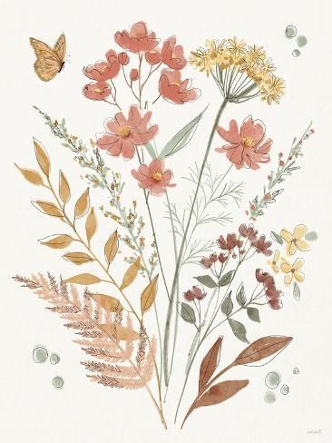 an illustration of flowers and butterflies on a white background