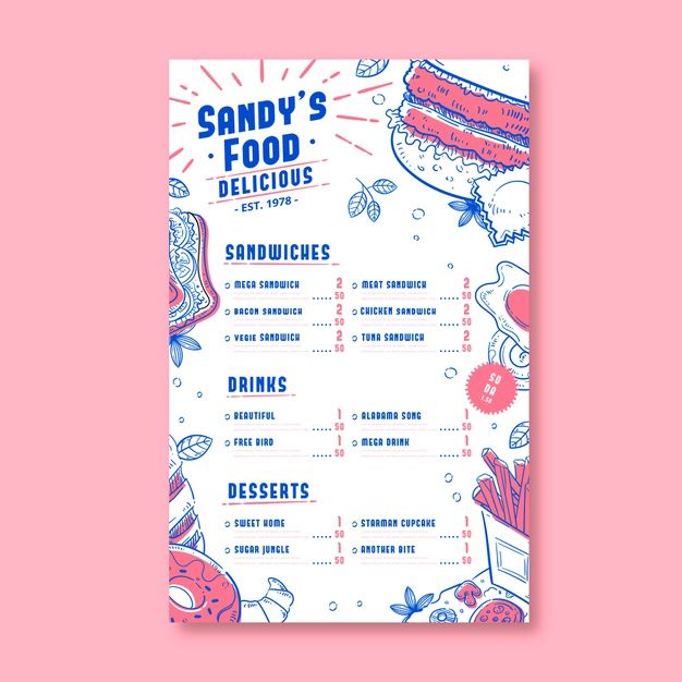 a menu for sandi's food deliciouss on a pink background with blue and white designs