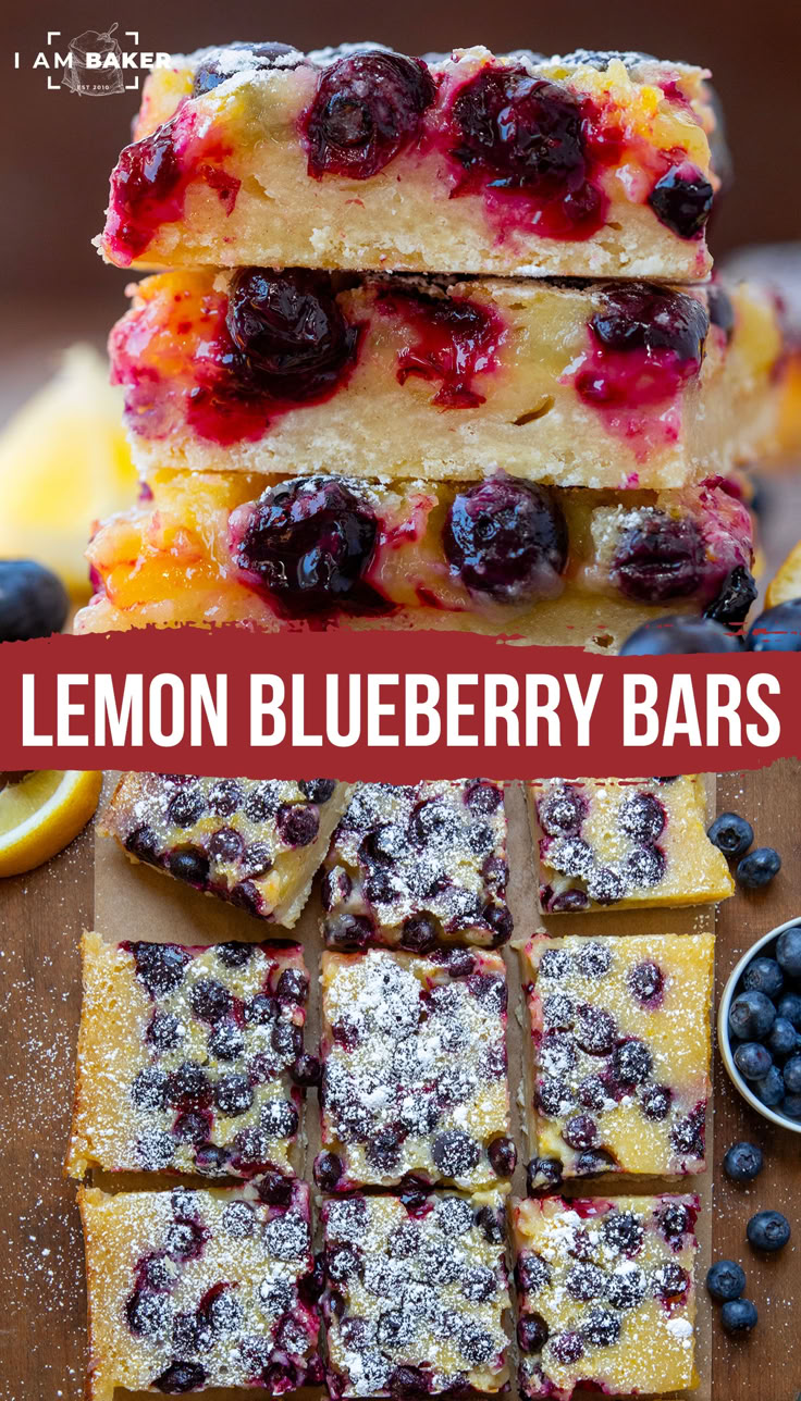 lemon blueberry bars are stacked on top of each other and ready to be eaten