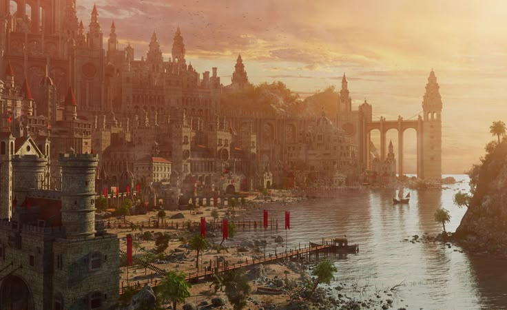 an image of a fantasy city by the water