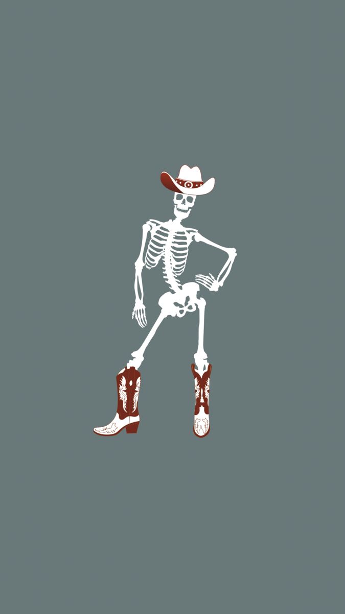 a skeleton in cowboy boots and a hat is standing with his legs spread wide open