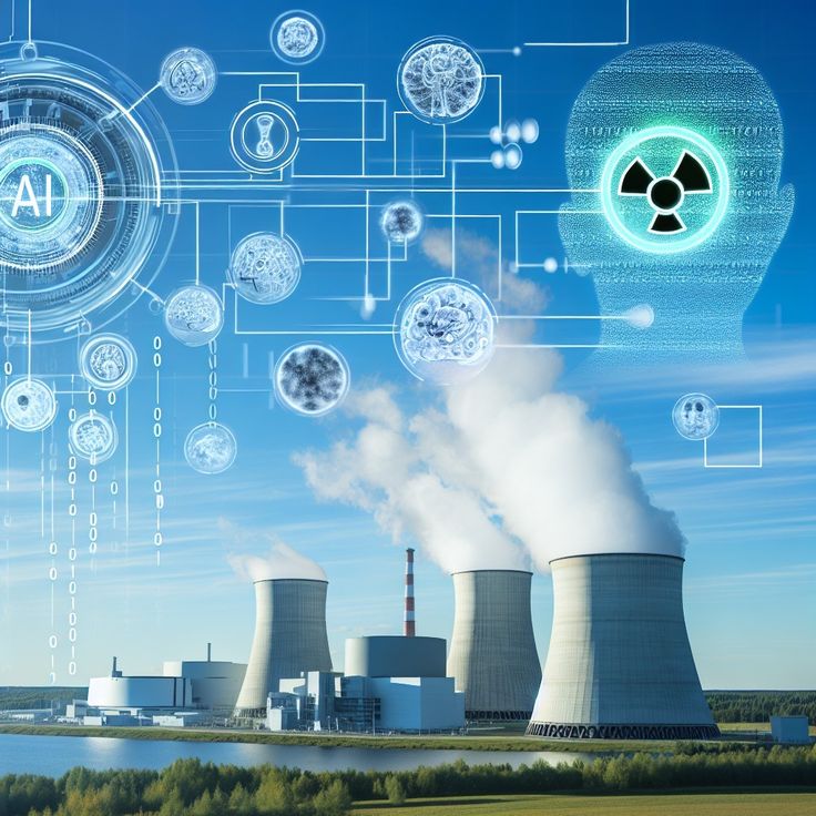 an image of nuclear power plant with icons and symbols surrounding it in front of a blue sky