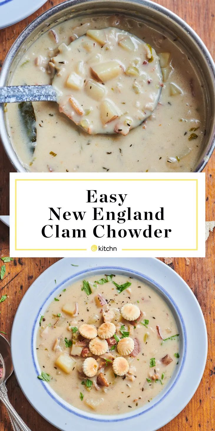 two bowls of clam chowder with text overlay that reads easy new england clam chower