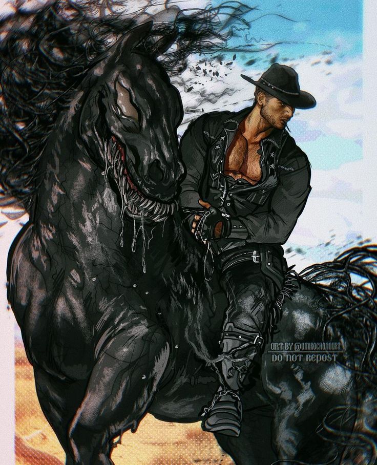 a painting of a man riding on the back of a black horse with long manes