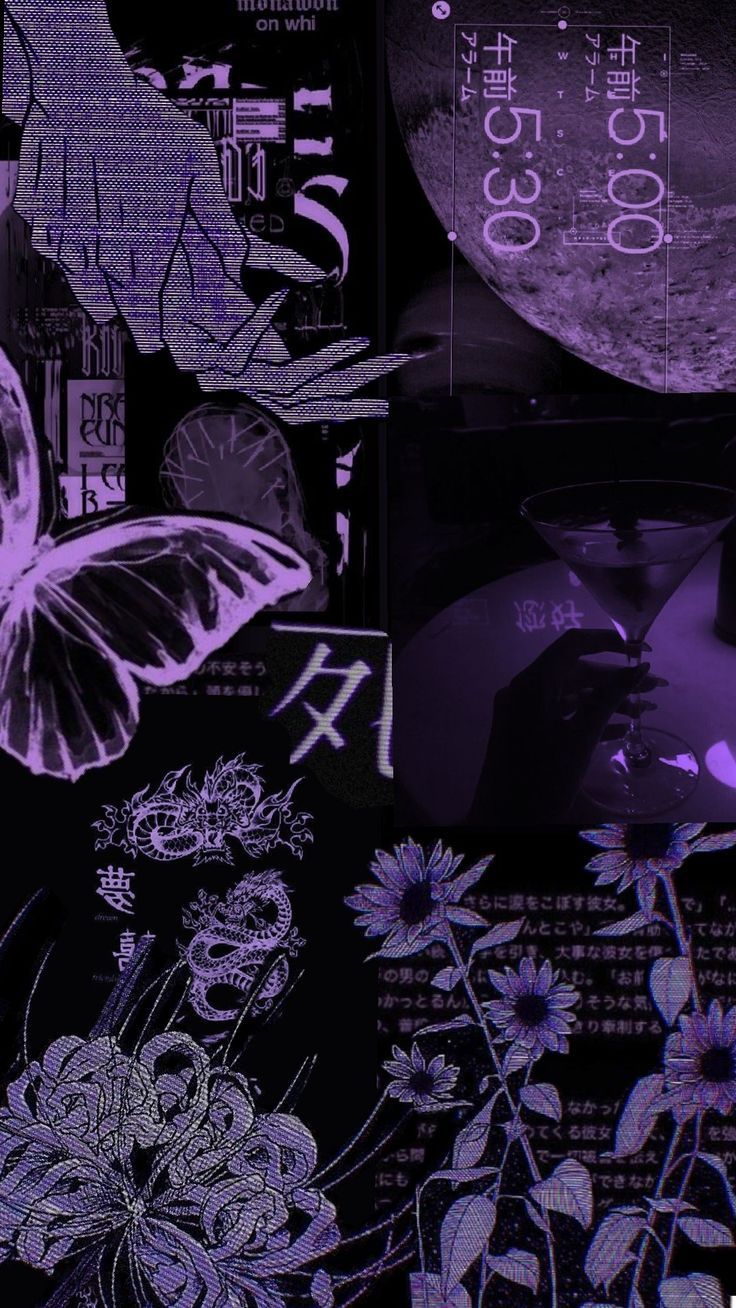 an image of flowers and butterflies in the night sky with purple light on them, as well as black background