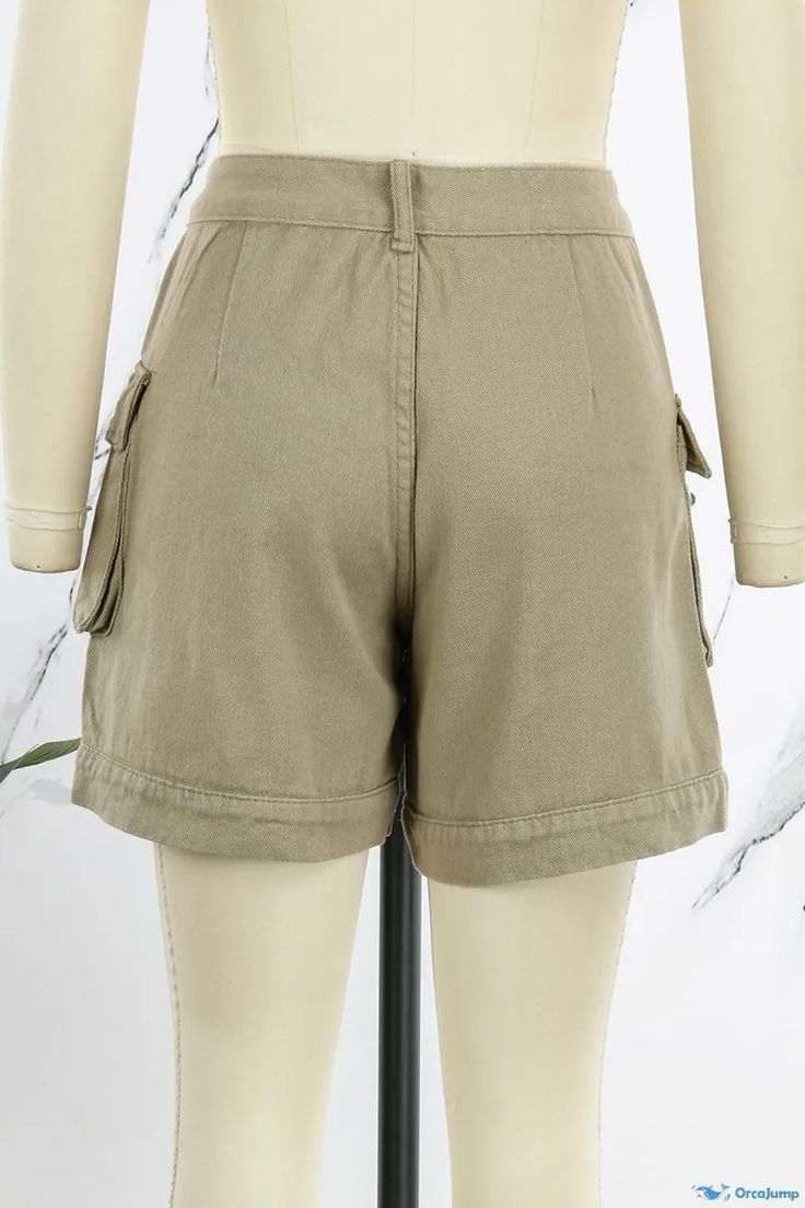 OrcaJump - Premium Khaki High Waist Skinny Denim Shorts with Sophisticated Patchwork Design High Waist Bottoms With Cargo Pockets For Day Out, Non-stretch Wide Leg Shorts With Pockets, Solid Summer Bottoms With Multiple Pockets, Cotton Bottoms With Pockets For Day Out, Spring Cargo Style Bottoms For Day Out, Casual Bottoms With Pockets For Day Out, Solid Color Straight Leg Shorts With Pockets, Casual High Rise Khaki Bottoms, Solid Straight Leg Shorts With Pockets