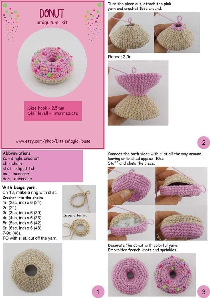 the instructions for making a crocheted donut ornament are shown in pink and white