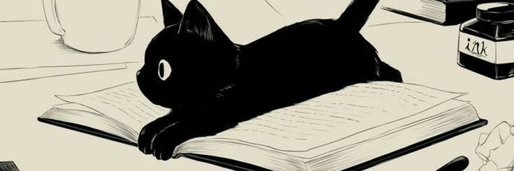 a black cat laying on top of an open book next to some writing utensils