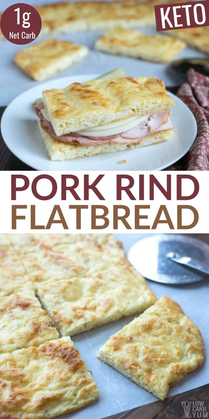 ham and cheese flatbreads on a plate with text overlay that reads pork rind flatbread