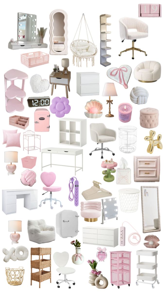 a collage of furniture and decor items in pastel pink, white and gold