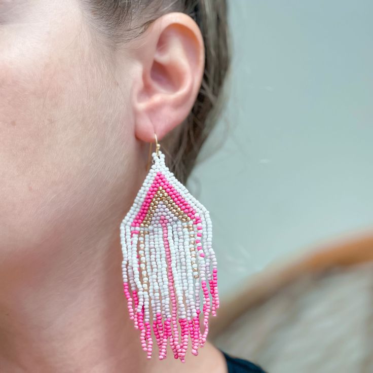 3"LLead & Nickel Compliant Pink Dangle Beaded Earrings With Large Beads, Pink Large Beaded Dangle Earrings, Pink Large Beads Dangle Earrings, Pink Large Bead Dangle Earrings, Pink Dangle Earrings With Large Beads, Gold Fringe, Beaded Dangle Earrings, Beaded Dangles, Pink White