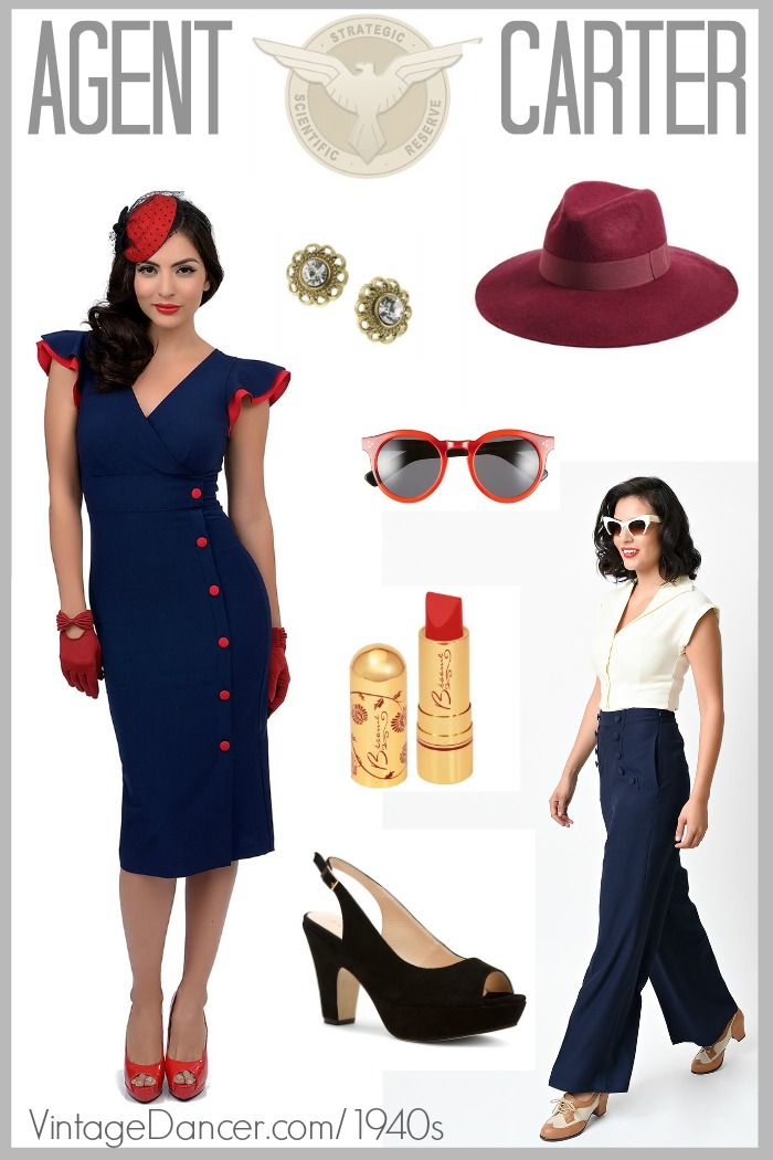 Shop for 1940s style Agent Carter costumes and clothing: dresses, suits, blouse, hat, shoes and accessories. Armageddon Outfits, Agent Carter Costume, Vintage Halloween Costume Ideas, Peggy Carter Costume, Casablanca Party, Agent Peggy Carter, Marvel Inspired Outfits, 1940s Costume, 1940 Dress