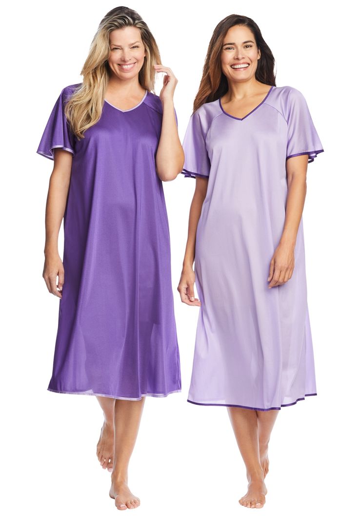 Enjoy ultimate comfort with our lightweight and silky short nightgowns, now in a convenient 2-pack.Short sleeves and a breezy trapeze silhouette keep you cool and comfortable all night long.Vibrant contrast trim on the sleeves, hemline, and V-neck adds a pop of color and style.Perfect for self-pampering or gifting to a loved one.Measures a comfortable 44" in length, ideal for any height.Made from high-quality nylon for a soft, durable feel.Machine washable for easy care and long-lasting wear.Lov Trapeze Silhouette, Sleeping Dress, Short Gowns, Sleeveless Gown, Gowns With Sleeves, Swimsuits For All, Nightgowns, Contrast Trim, Night Gown