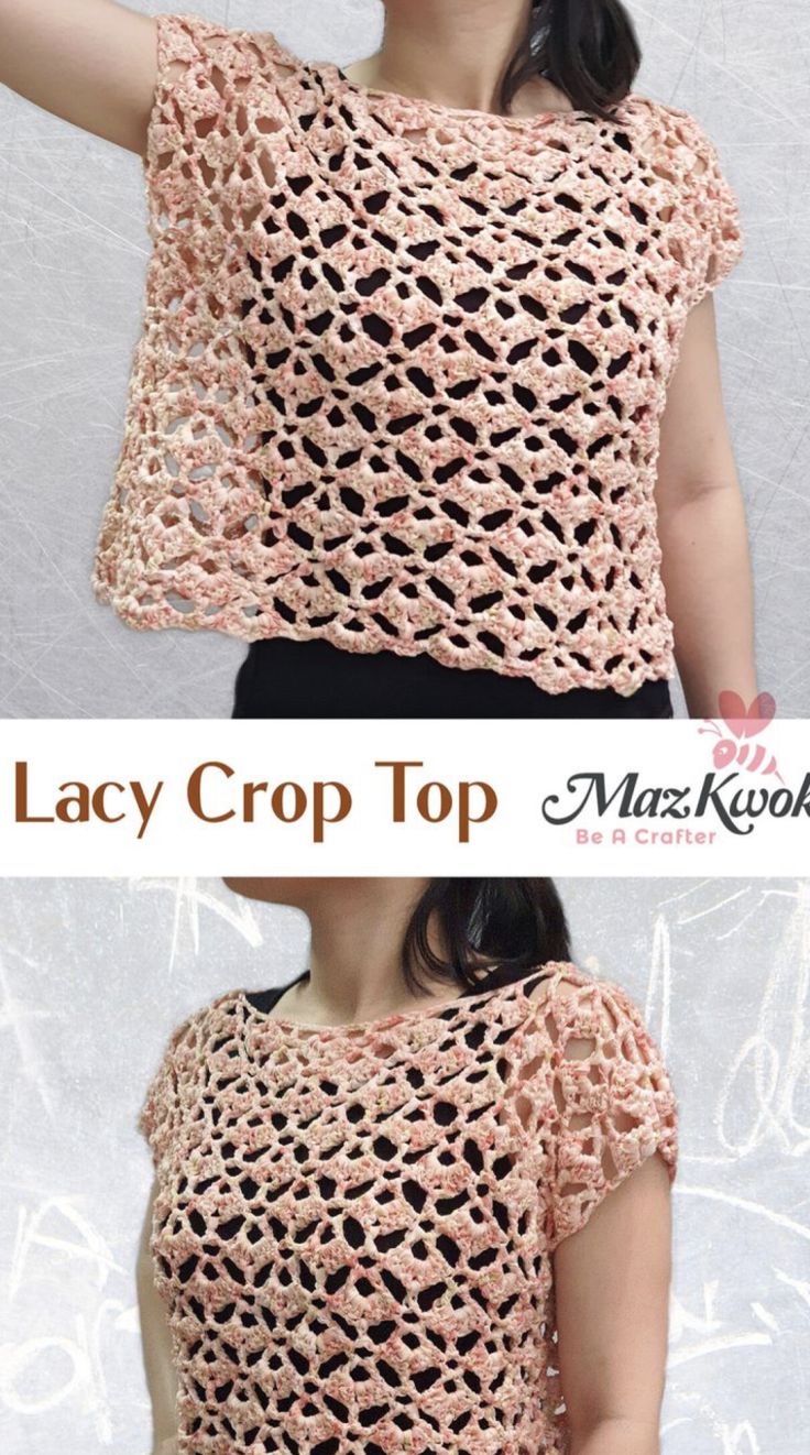 a woman wearing a crochet top with the words lacy crop top on it