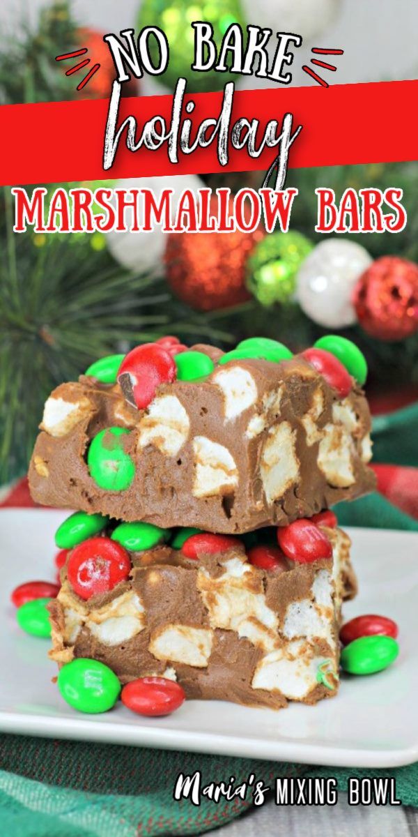 no bake holiday marshmallow bars stacked on top of each other