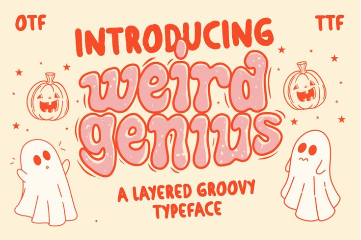 an old fashioned halloween font with ghost faces and pumpkins on it, as well as the words'weird genius '