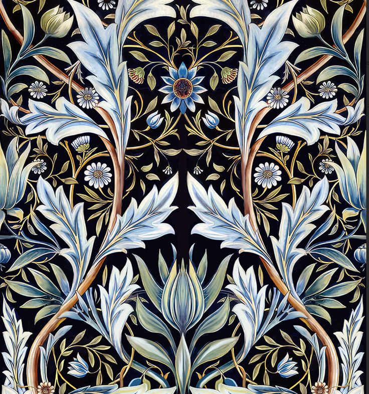 an intricately designed wallpaper with blue flowers and leaves on black background by corbi