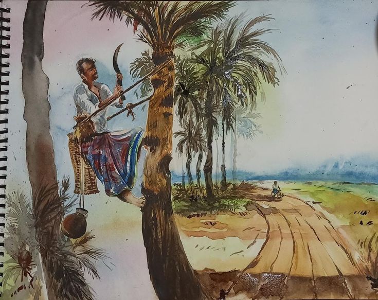 a drawing of a man sitting on a palm tree next to a dirt road and beach