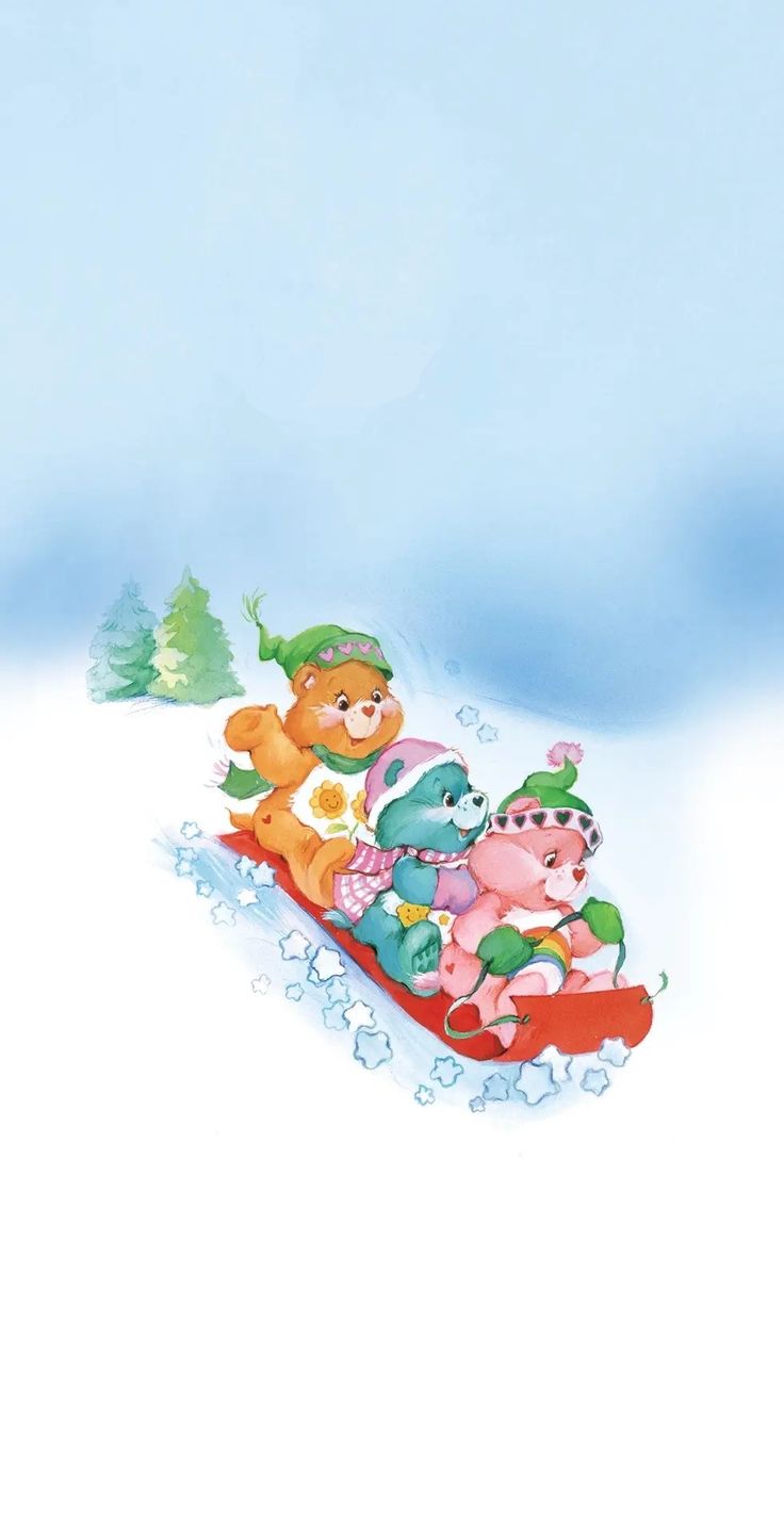 two teddy bears sledding down a hill with snow on it's sides