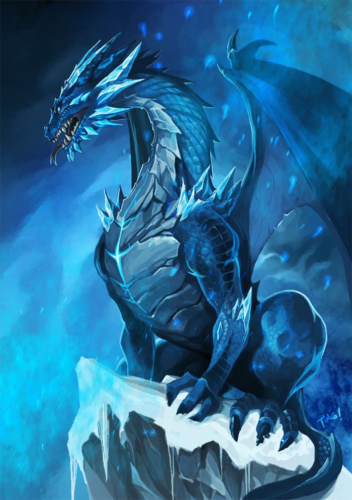 a blue dragon sitting on top of an iceberg