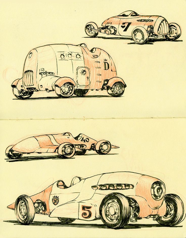 three drawings of race cars in various stages of development