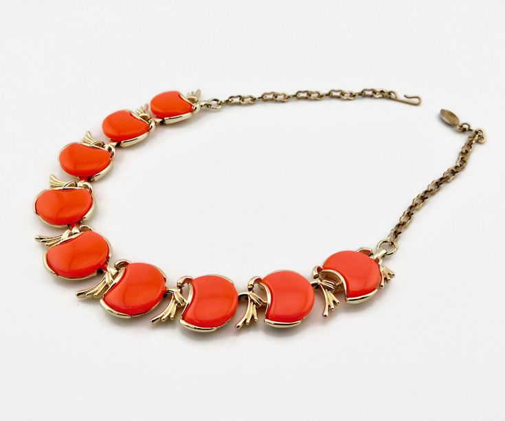 "Vintage Gold tone and Bright Orange Thermoset Lucite Choker Necklace. Unsigned. Adjustable and with Hook Closure. Mid century. Measures 16-3/4\"L  X.  7/8\"W. Condition.No damage. Great condition. cosasraras.etsy.com" Gold Chain Choker, Vintage Necklaces, Chain Choker Necklace, Choker Necklaces, Chain Choker, Neon Orange, Bright Orange, Vintage Necklace, Vintage Gold