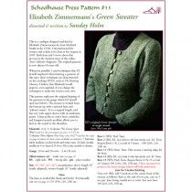 an article in the knitting book shows a woman's green sweater with buttons and beads