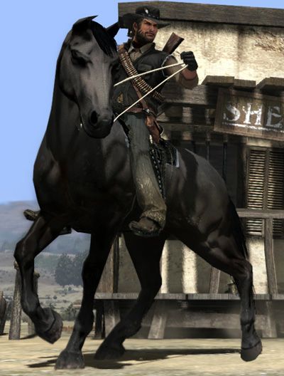 a man riding on the back of a black horse