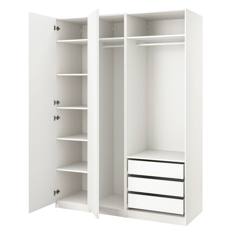 an open white closet with drawers and shelves on both sides, isolated against a white background