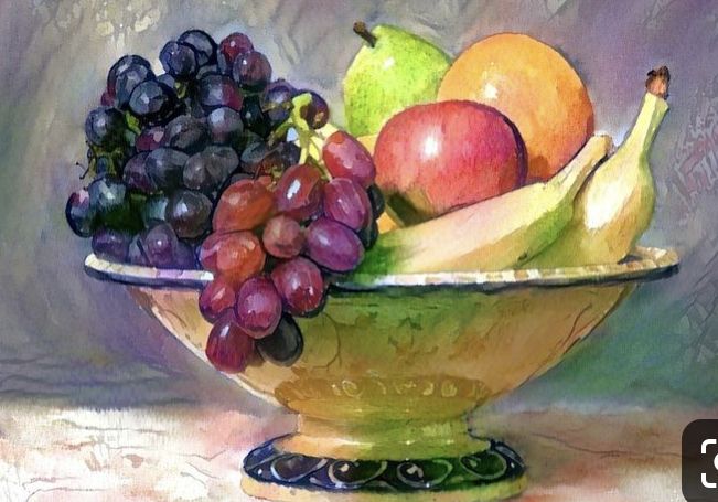 a painting of fruit in a bowl on a table