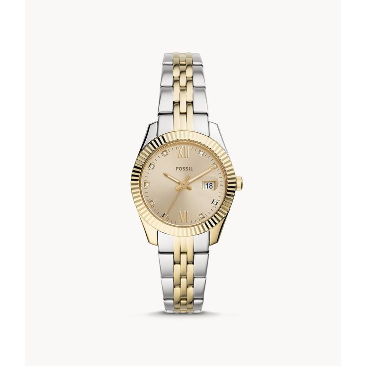 This 32mm Scarlette Mini features a gold sunray dial, three-hand date movement and a two-tone silver and gold stainless steel bracelet. Gold And Silver Watch, Fossil Watches Women, Silver Watches Women, Brown Leather Watch, Gold Watches Women, Fossil Watch, Hand Watch, Fossil Watches, Three Hands