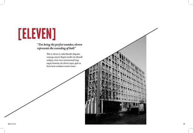 an advertisement with the words eleven in red and black on it, next to a tall building