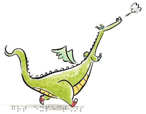 an illustration of a green dinosaur running with its wings spread out and one foot in the air