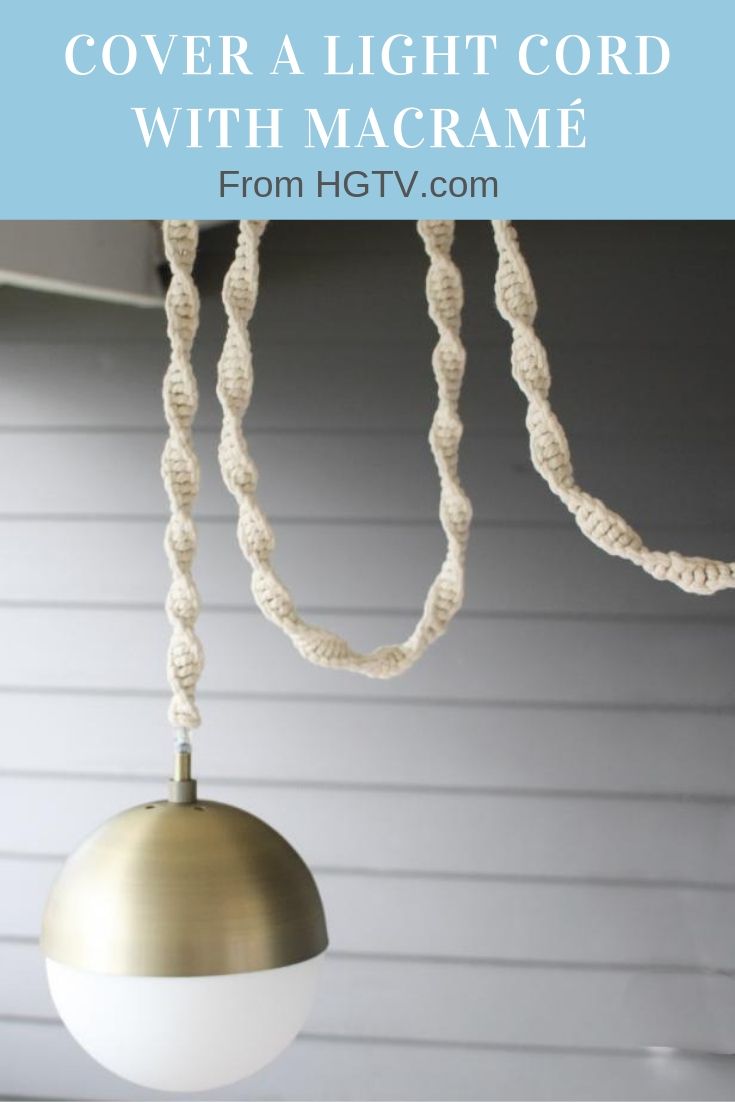 a light fixture with rope hanging from it and the text overlay reads how to cover a light cord with macrame