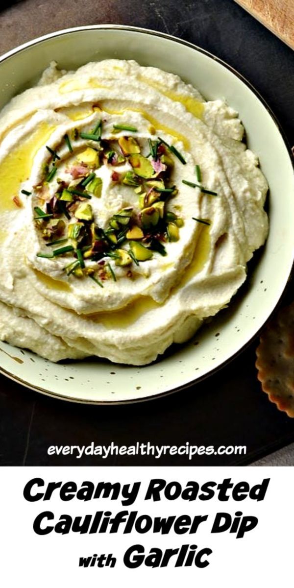 creamy roasted cauliflower dip with garlic and skyr recipe on a white plate