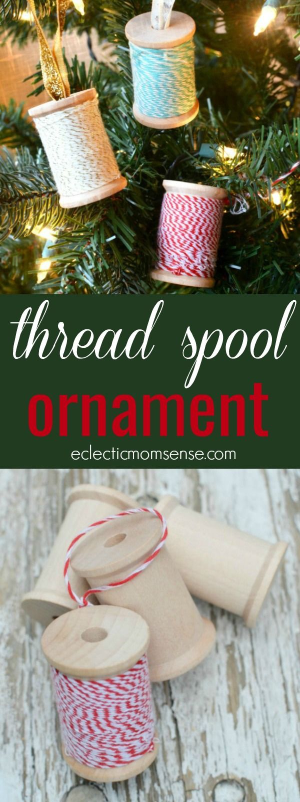 an ornament made out of twine and yarn with the words thread spool on it