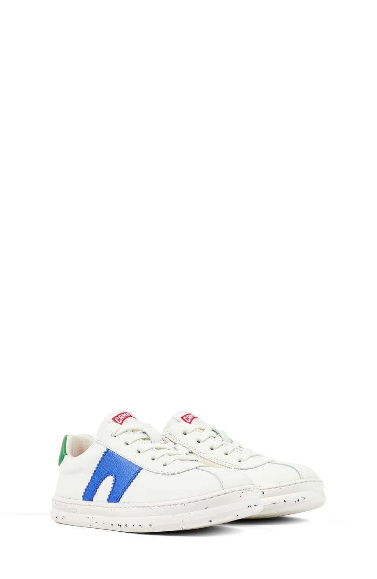 An interpretation of the iconic Runner from the '80s, this casual kid-size sneaker is outfitted with color-pop accents and lightweight cushioning. Lace-up style Removable insole Leather upper/recycled-polyester lining/rubber sole Imported Playful White Sneakers For Sports, Playful Sneakers With Rubber Sole For School, Casual White Sneakers With Logo, White Color Block Lace-up Sneakers, White Lace-up Color Block Sneakers, Playful Low-top Sneakers With Rubber Sole, Sporty Color Block Sneakers For Spring, Spring Sporty Color Block Sneakers, Spring Color Block Sporty Sneakers