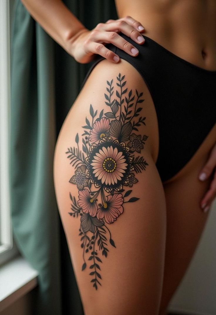 thigh tattoo Around The Knee Tattoos, Knee Tattoos, Thigh Tattoo Designs, Just Ink, Spiritual Tattoos, Tattoo Bracelet, Sternum Tattoo, Knee Tattoo, Thigh Tattoos