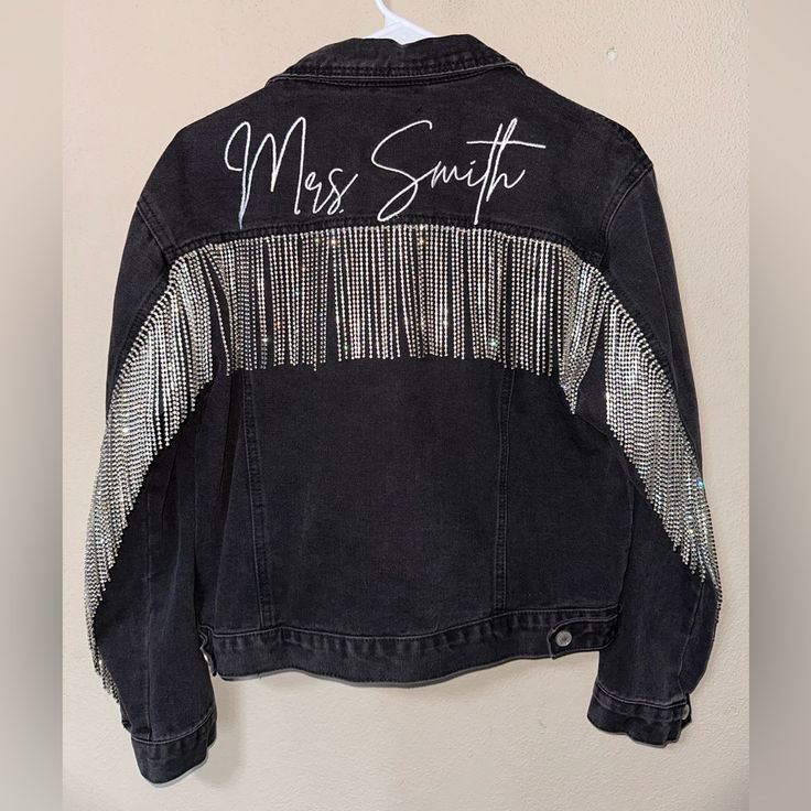 Mrs.Smith Black Bridal Jean Jacket! Sz.Small! Never Worn! Nwot! Jean Jacket Customized, Bridal Jean Jacket, Painted Jean Jacket, Custom Jean Jacket, Mrs Smith, Black Jean Jacket, Custom Jeans, Black Bridal, Painted Jeans