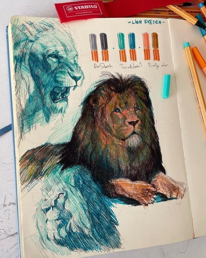 an open notebook with colored pencils and drawings of lions on the pages, along with crayons