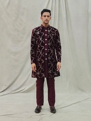 Maroon long jacket with abstract, sequin embroidery. Paired with an inner kurta. Comes along with a pant. - Aza Fashions Fitted Festive Outerwear For Transitional Season, Fitted Transitional Outerwear For Festive Occasions, Festive Traditional Wear With Zari Work For Fall, Fitted Festive Outerwear For Eid, Fitted Kurta With Zari Work For Fall, Fitted Fall Kurta With Zari Work, Fall Fitted Kurta With Zari Work, Traditional Drape Outerwear For Eid, Fitted Traditional Wear With Zari Work For Fall